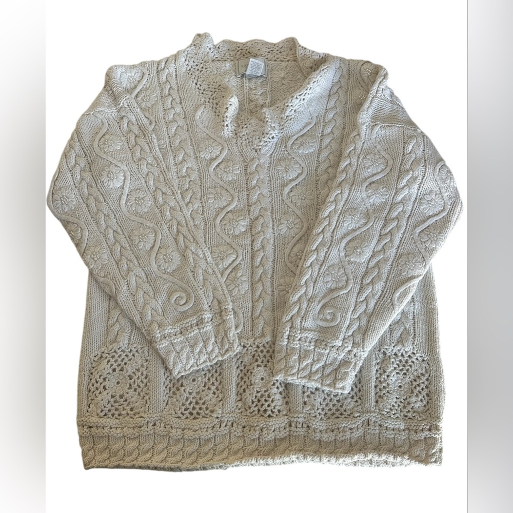 White Vintage Express Tricot Chunky Hand-knitted V-neck Sweater
